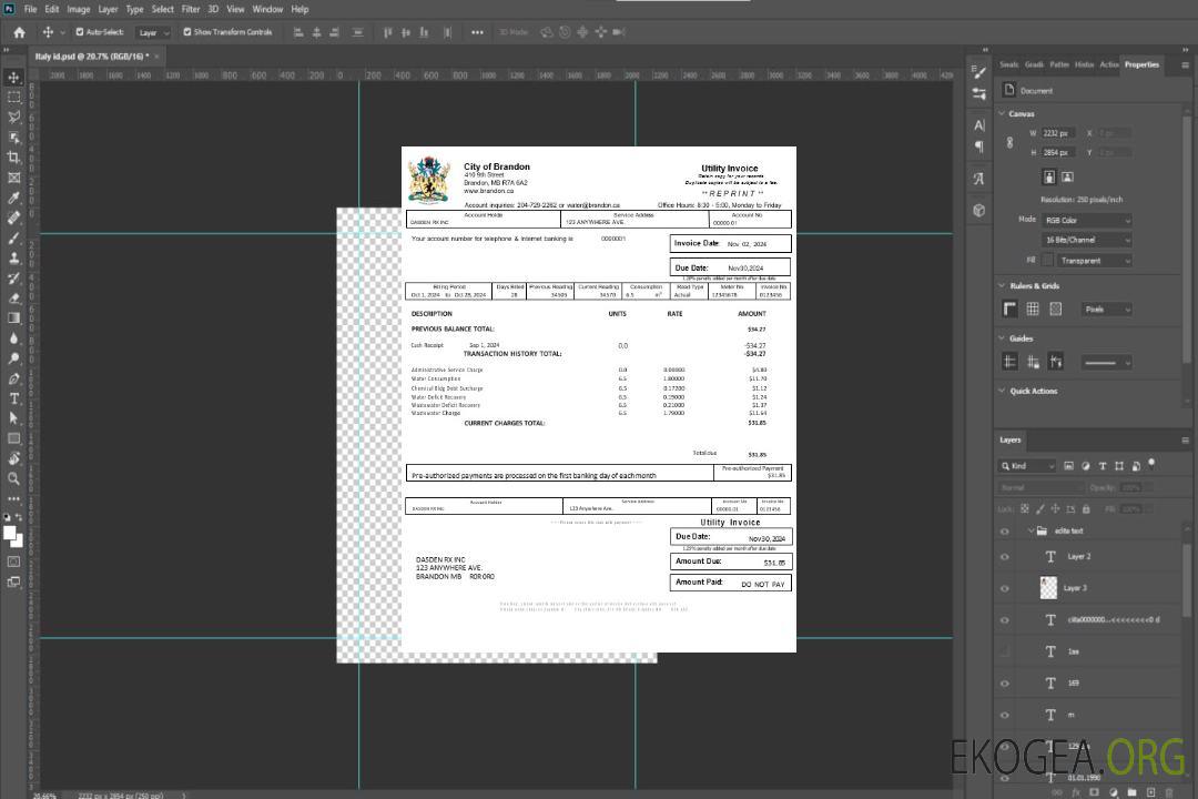 Modèle Word et PDF de facture de services publics des États-Unis BRANDON MISSISSIPPI template